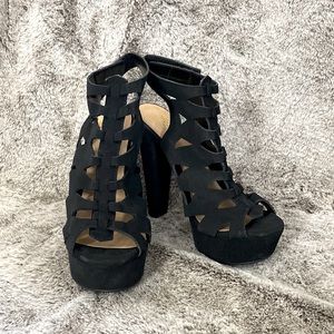 6 Inch Black Open Toe Heels